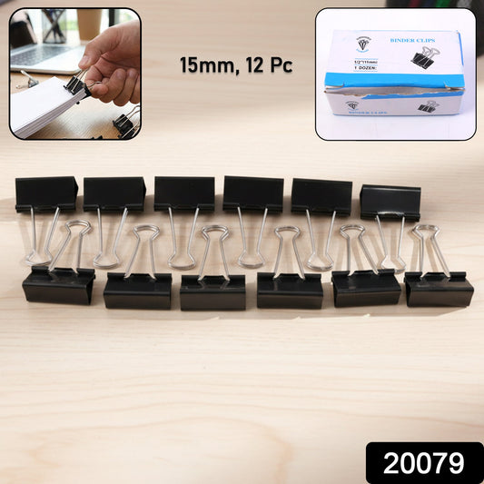 Close-up of black metal paper binder clips for office use