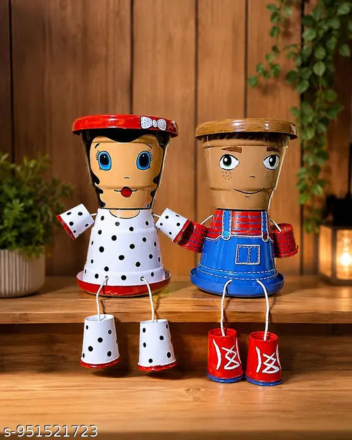 Handcrafted Metal Couple Planter Pots for Home Decor,Cute Sitting Doll Planters for Indoor Plants | Decorative Flower Pots for Living Room, Balcony & Office