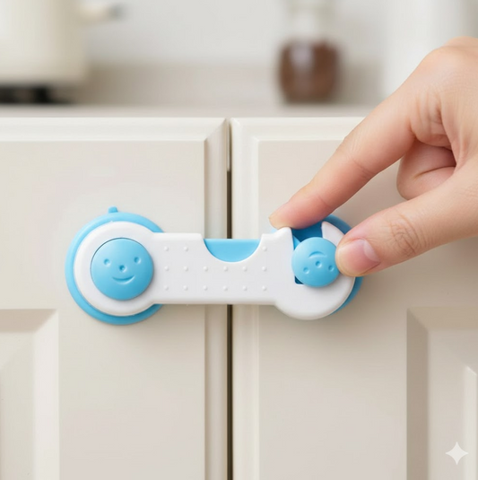 Strong adhesive backing of the child safety lock for secure no-drill installation.