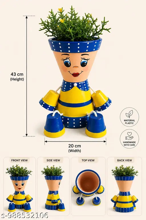 Hand Painted Cute Girl Sitting Plastic Planter Pot for Indoor Plants