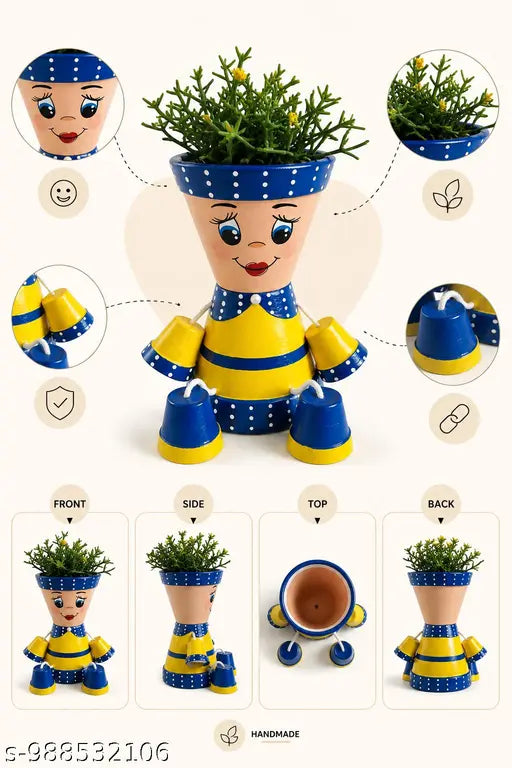 Hand Painted Cute Girl Sitting Plastic Planter Pot for Indoor Plants