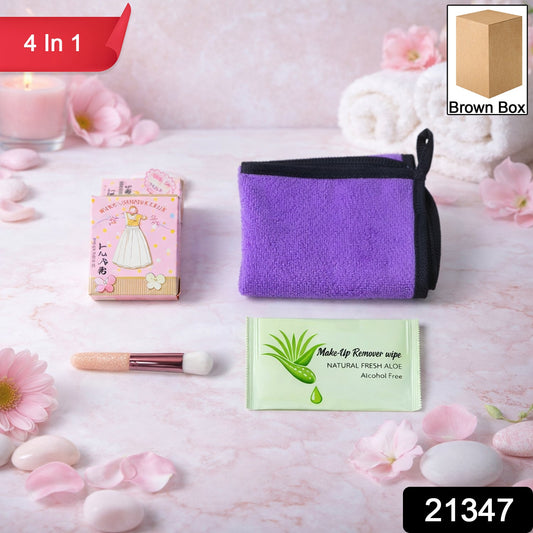 Using gentle makeup remover wipe and soft reusable cleansing cloth from beauty care set