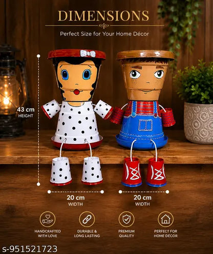 Handcrafted Metal Couple Planter Pots for Home Decor,Cute Sitting Doll Planters for Indoor Plants | Decorative Flower Pots for Living Room, Balcony & Office
