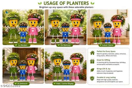 Smiley Sprouts Family,Cute Family Planter Set of 3 | Cartoon Character Flower Pots | Decorative Garden & Balcony Planters for Indoor Outdoor Home Decor,gifting planters