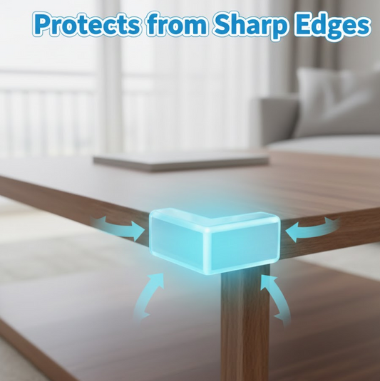 Diagram showing easy installation of clear furniture safety guards.