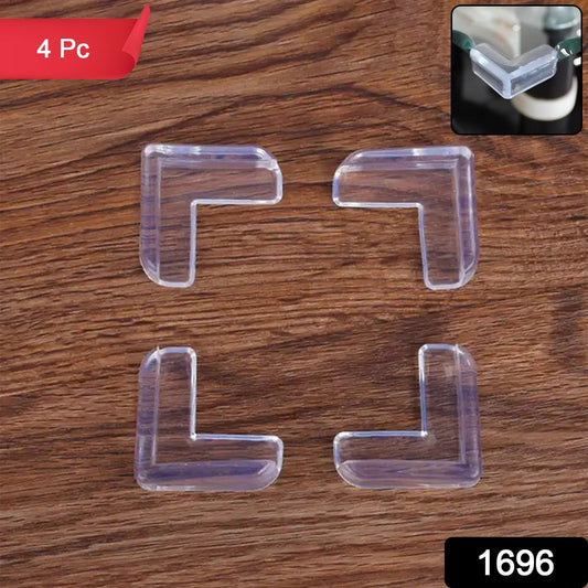 Soft, flexible clear edge guard protecting a sharp furniture corner for child safety.