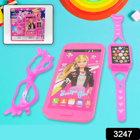 Close-up of the Barbie musical toy phone with a screen displaying a Barbie image and large buttons.