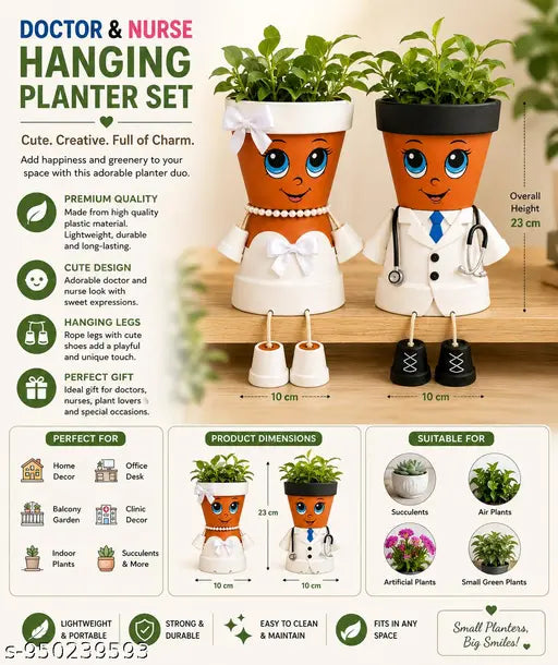Cute Doctor Couple Hanging Planter Set for Indoor & Outdoor Decor | Plastic Cartoon Face Flower Pots