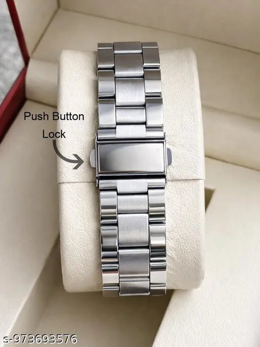 Glossy Stainless Steel Analogue Watch for Men | Sky Blue Dial, Date Function & Adjustable Lock | Premium Watches Under 499
