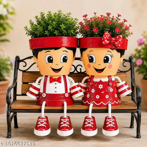 Litose Cute Couple Hanging Planter Set | Handpainted Decorative Flower Pots with Rope Legs | Indoor Tabletop Planters for Living Room, Balcony, Office | Romantic Gift for Anniversary, Wedding & Home Décor (Red, Set of 2)
