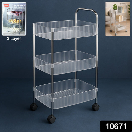 Side view of 3-layer storage trolley with smooth-rolling wheels