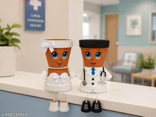 Cute Doctor Couple Hanging Planter Set for Indoor & Outdoor Decor | Plastic Cartoon Face Flower Pots