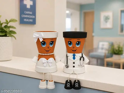 Cute Doctor Couple Hanging Planter Set for Indoor & Outdoor Decor | Plastic Cartoon Face Flower Pots