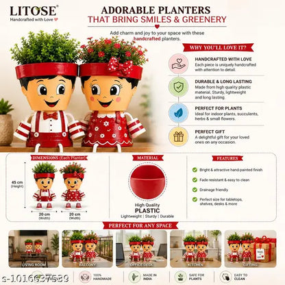 Litose Cute Couple Hanging Planter Set | Handpainted Decorative Flower Pots with Rope Legs | Indoor Tabletop Planters for Living Room, Balcony, Office | Romantic Gift for Anniversary, Wedding & Home Décor (Red, Set of 2)