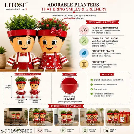 Litose Cute Couple Hanging Planter Set | Handpainted Decorative Flower Pots with Rope Legs | Indoor Tabletop Planters for Living Room, Balcony, Office | Romantic Gift for Anniversary, Wedding & Home Décor (Red, Set of 2)