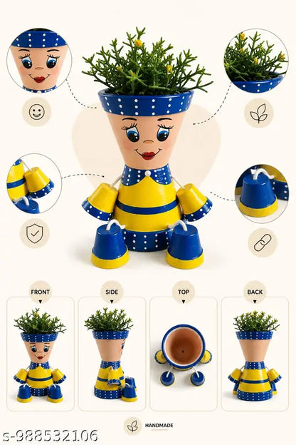 Hand Painted Cute Girl Sitting Plastic Planter Pot for Indoor Plants