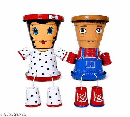 Handcrafted Metal Couple Planter Pots for Home Decor,Cute Sitting Doll Planters for Indoor Plants | Decorative Flower Pots for Living Room, Balcony & Office