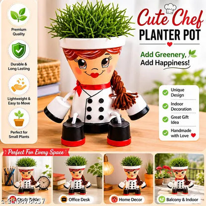 Cute Chef Girl Planter Pot for Indoor Plants | Handmade Decorative Flower Pot for Kitchen Shelf, Home Decor, Balcony & Kids Room | Plastic Cartoon Hanging Legs Planter