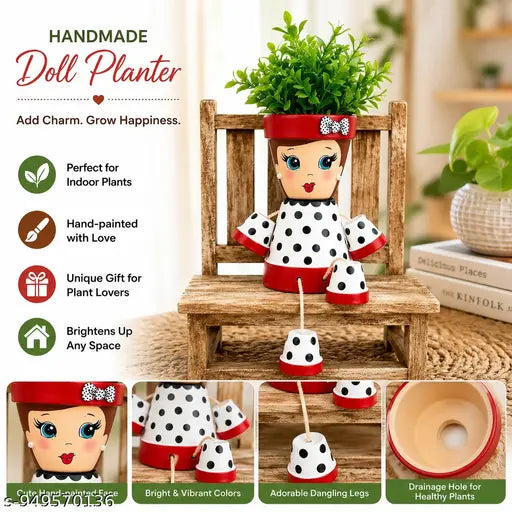 Handmade Doll Planter Pot for Indoor Plants , Cute Hanging Legs Flower Pot , Decorative Tabletop Planter for Home & Garden Decor,