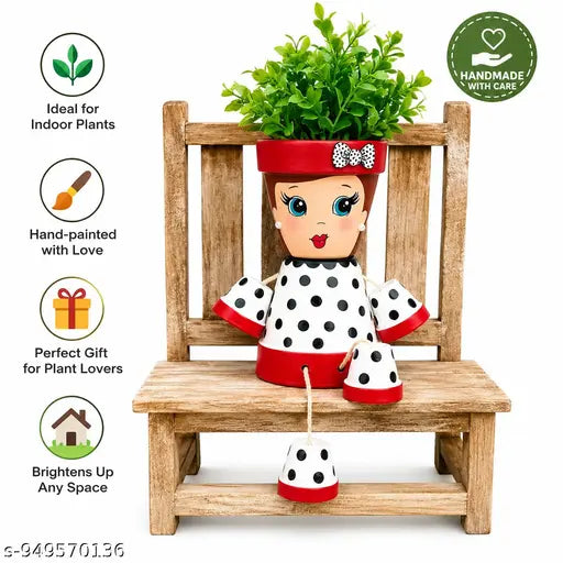 Handmade Doll Planter Pot for Indoor Plants , Cute Hanging Legs Flower Pot , Decorative Tabletop Planter for Home & Garden Decor,