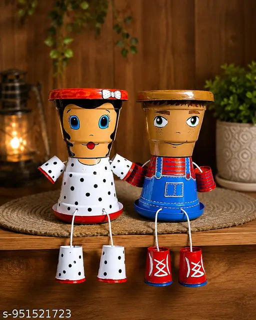 Handcrafted Metal Couple Planter Pots for Home Decor,Cute Sitting Doll Planters for Indoor Plants | Decorative Flower Pots for Living Room, Balcony & Office