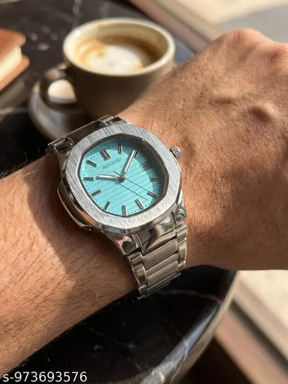 Glossy Stainless Steel Analogue Watch for Men | Sky Blue Dial, Date Function & Adjustable Lock | Premium Watches Under 499