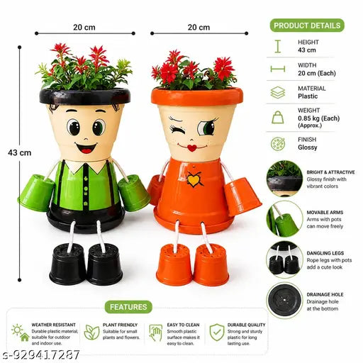 Dil se planters,Cute Couple Planter Pots for Indoor & Outdoor Plants | Handmade Plastic Cartoon Flower Pots with Hanging Legs | Decorative Garden & Home Decor | Best Gift for Mom, Couple & Home (Set of 2),best gift for couples,birthday gift