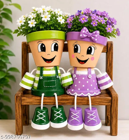 Litose Cute Couple Face Planter Set with Bench | Hand-Painted Decorative Flower Pots | Indoor Tabletop Planters for Home, Living Room, Balcony | Unique Gift for Couples & Plant Lovers