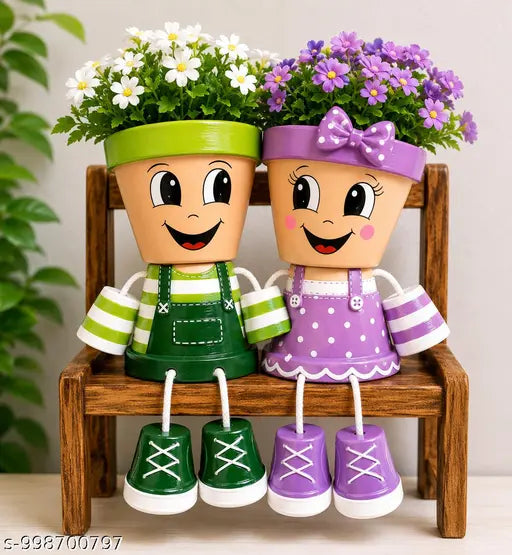 Litose Cute Couple Face Planter Set with Bench | Hand-Painted Decorative Flower Pots | Indoor Tabletop Planters for Home, Living Room, Balcony | Unique Gift for Couples & Plant Lovers