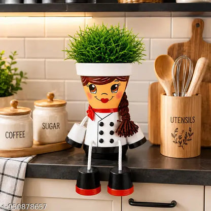 Cute Chef Girl Planter Pot for Indoor Plants | Handmade Decorative Flower Pot for Kitchen Shelf, Home Decor, Balcony & Kids Room | Plastic Cartoon Hanging Legs Planter