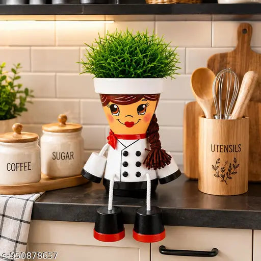 Cute Chef Girl Planter Pot for Indoor Plants | Handmade Decorative Flower Pot for Kitchen Shelf, Home Decor, Balcony & Kids Room | Plastic Cartoon Hanging Legs Planter