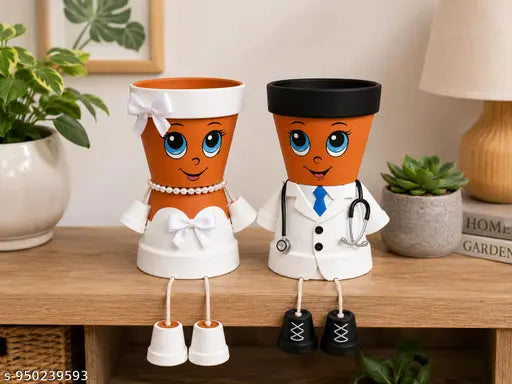 Cute Doctor Couple Hanging Planter Set for Indoor & Outdoor Decor | Plastic Cartoon Face Flower Pots