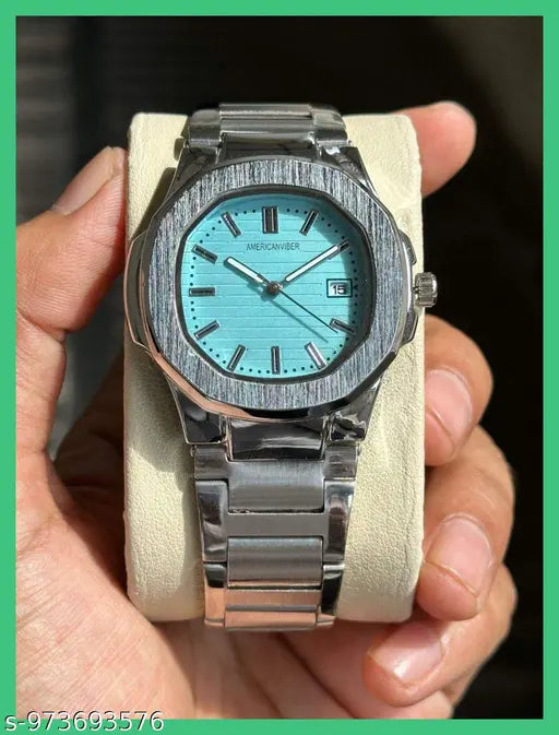 Glossy Stainless Steel Analogue Watch for Men | Sky Blue Dial, Date Function & Adjustable Lock | Premium Watches Under 499