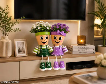 Litose Cute Couple Face Planter Set with Bench | Hand-Painted Decorative Flower Pots | Indoor Tabletop Planters for Home, Living Room, Balcony | Unique Gift for Couples & Plant Lovers