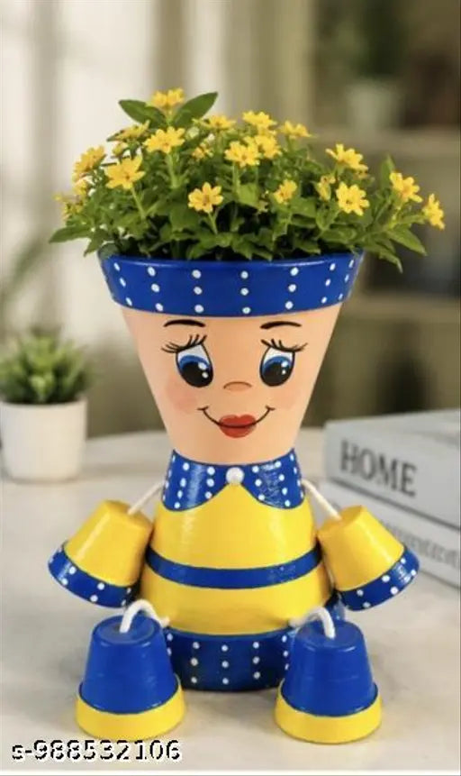 Hand Painted Cute Girl Sitting Plastic Planter Pot for Indoor Plants