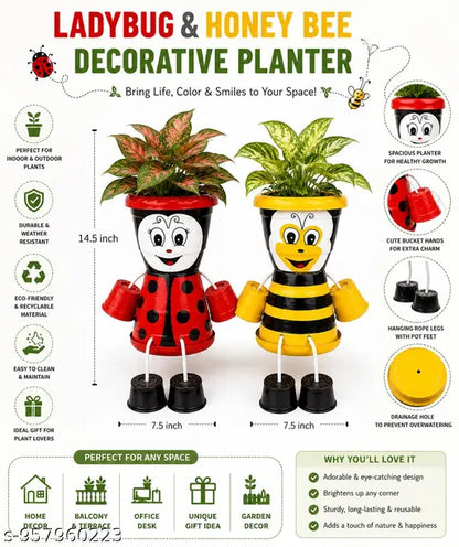 Cute Ladybug & Honey Bee Planter Set , Handmade Decorative Flower Pots for Indoor & Outdoor Garden, Balcony, Home Decor Gift