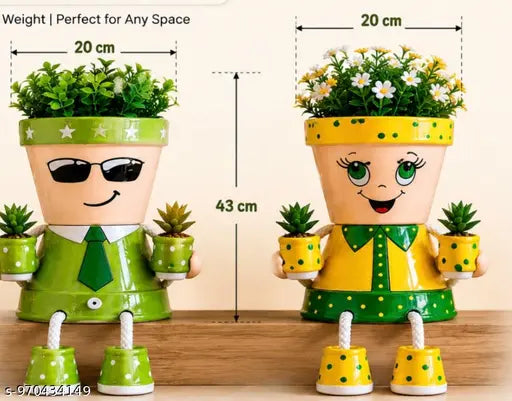 Cute Couple Planter Set for Indoor Plants ,Hanging Legs Decorative Flower Pots, Plastic Cartoon Character Planters for Home Decor, Balcony, Living Room & Office