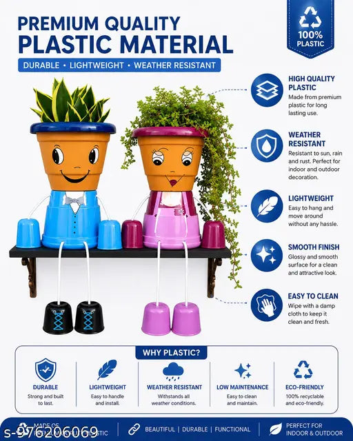 Couple Face Planter Set with Legs ,Cute Hanging Flower Pots for Home Decor, Handmade Plastic Succulent Planters for Balcony, Garden & Living Room (Set of 2)