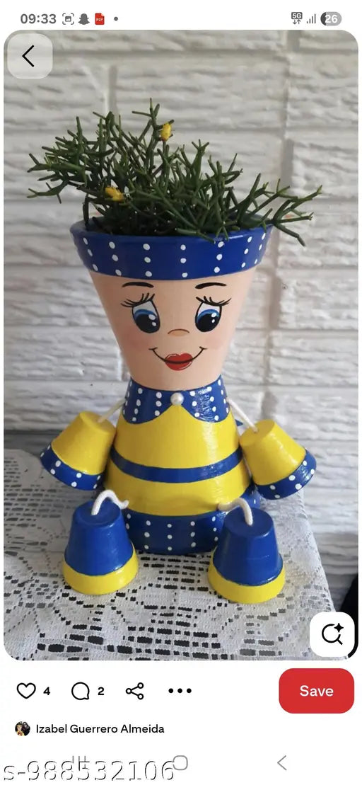 Hand Painted Cute Girl Sitting Plastic Planter Pot for Indoor Plants
