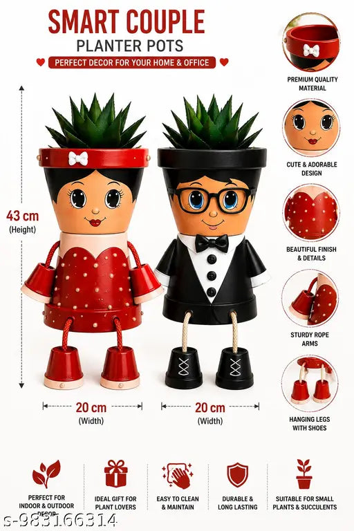 Couple Planter Pot Set | Boy & Girl Face Planters with Hanging Legs | Decorative Succulent Flower Pots | Home & Office Decor | Gift for Couples | Plastic Planters