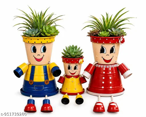 Happy Family Metal Succulent Planter Set for Home Decor ,Cute Cartoon Couple Planters with Hanging Legs,Decorative Indoor Flower Pots for Living Room, Balcony & Office,indoor outdoor planter, terrace garden decor