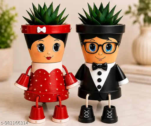 Couple Planter Pot Set | Boy & Girl Face Planters with Hanging Legs | Decorative Succulent Flower Pots | Home & Office Decor | Gift for Couples | Plastic Planters