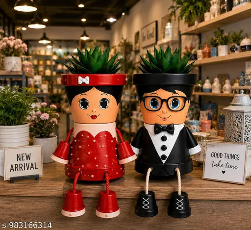 Couple Planter Pot Set | Boy & Girl Face Planters with Hanging Legs | Decorative Succulent Flower Pots | Home & Office Decor | Gift for Couples | Plastic Planters