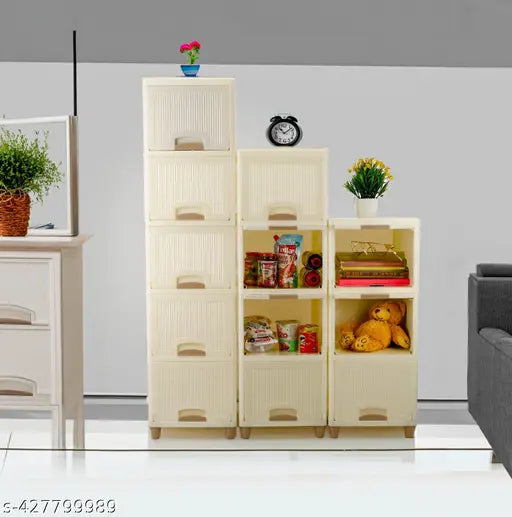 REAL BRANDS JBC  4 Layer Foldable Cabinet Plastic Cupboard For Storage Plastic Modular Drawer Plastic Free Standing Cabinet  (Finish Color - White, Door Type- Framed Sliding, DIY(Do-It-Yourself))
