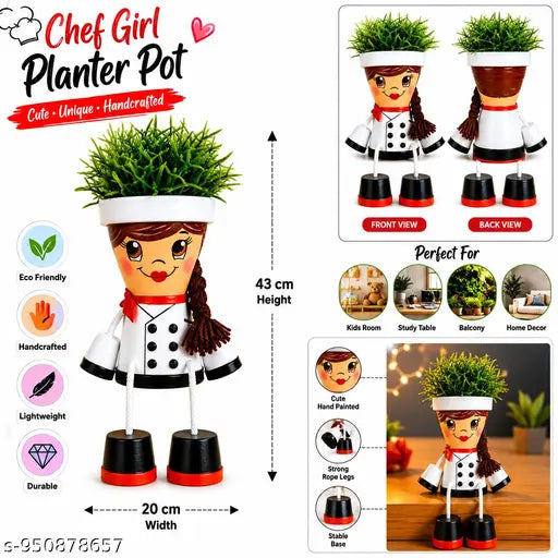 Cute Chef Girl Planter Pot for Indoor Plants | Handmade Decorative Flower Pot for Kitchen Shelf, Home Decor, Balcony & Kids Room | Plastic Cartoon Hanging Legs Planter