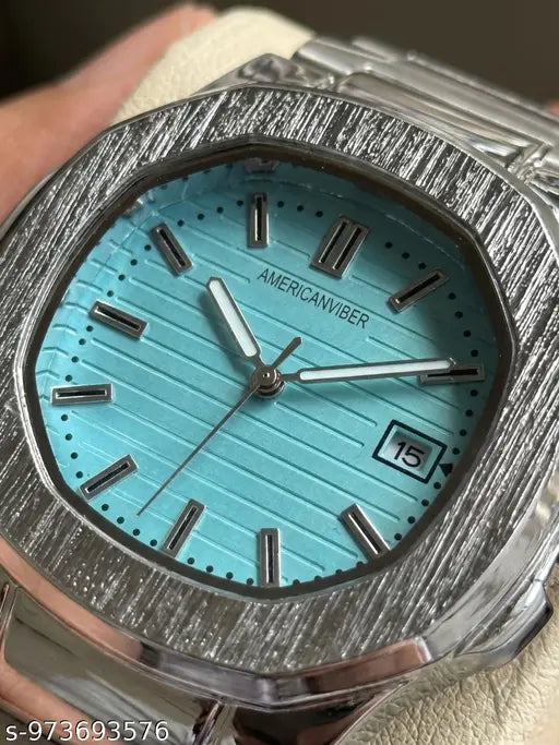 Glossy Stainless Steel Analogue Watch for Men | Sky Blue Dial, Date Function & Adjustable Lock | Premium Watches Under 499
