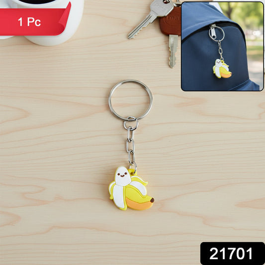 Banana shape cartoon keychain attached to a bag zipper with metal ring