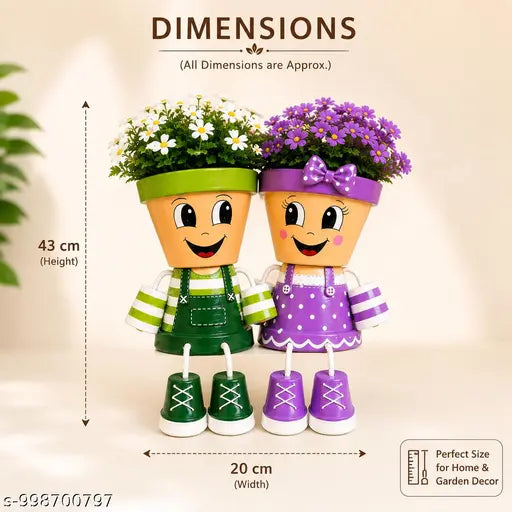 Litose Cute Couple Face Planter Set with Bench | Hand-Painted Decorative Flower Pots | Indoor Tabletop Planters for Home, Living Room, Balcony | Unique Gift for Couples & Plant Lovers