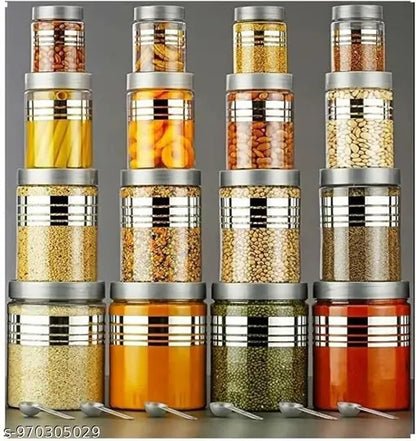 (set-16) Airtight Plastic Storage Jar and Container Set for Kitchen Storage with Spoons, Kitchen Dabba Set, Grocery Boxes with Different Capacities