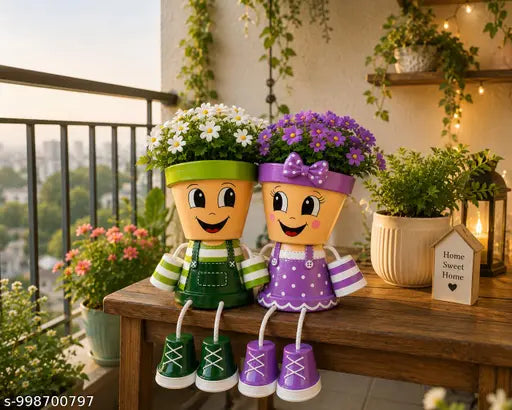 Litose Cute Couple Face Planter Set with Bench | Hand-Painted Decorative Flower Pots | Indoor Tabletop Planters for Home, Living Room, Balcony | Unique Gift for Couples & Plant Lovers